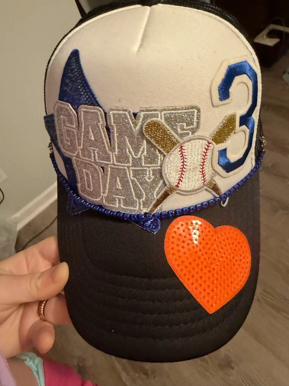 Custom game Day Baseball patch trucker hat orange and blue - #3 - Picture 1 of 3
